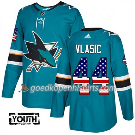 San Jose Sharks Marc-Edouard Vlasic 44 Adidas 2017-2018 Teal USA Flag Fashion Authentic Shirt - Kinderen